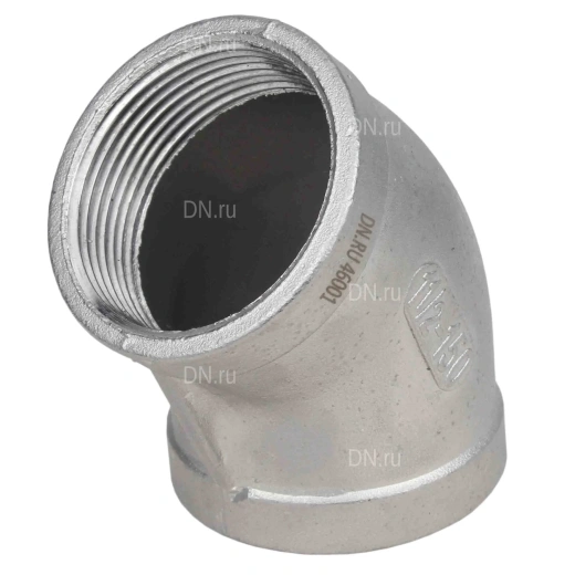 Отвод (полуотвод) DN.ru ВР-ВР-304 1 1/4″ Ду32 Ру16 угол 45°, корпус - нержавеющая сталь 304, присоединение - внутренняя / внутренняя резьба